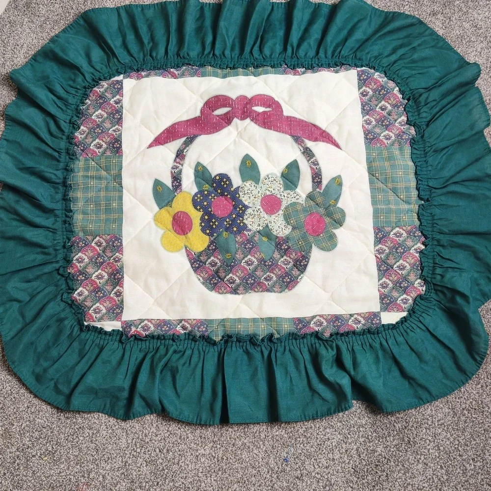 Vintage Quilted Floral Pillow Sham Ruffle Edge Cottagecore Farmhouse Decor